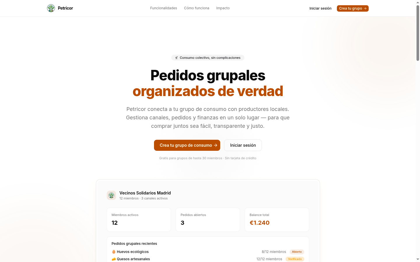 Petricor platform showing group orders, members, and finances