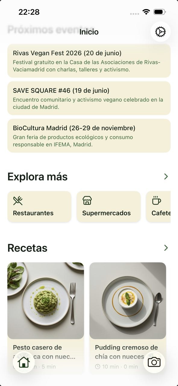Vegan Oasis app home screen with events, explore, and recipes